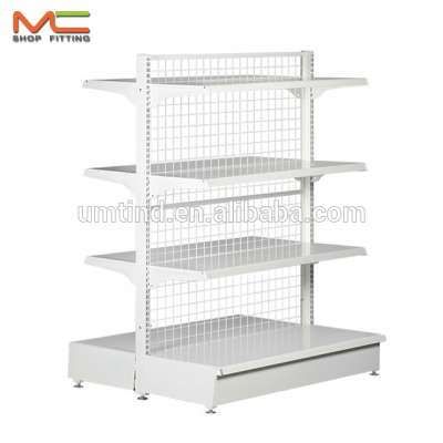 Double side supermarket gondola shelf with wire back panel