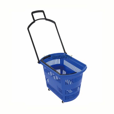 Commercial Supermarket Plastic Folding Rolling Shopping Basket with Wheels