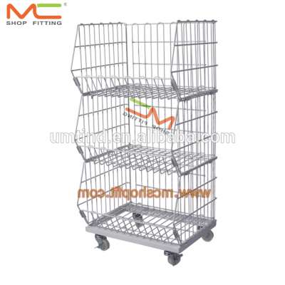 Movable Tilted Basket Shelf/warehouse cage shelf/Stackable wire baskets with wheels