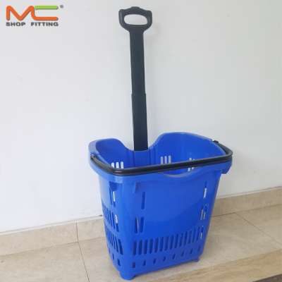 Hot sale Good Quality Supermarket Rolling plastic Shopping Basket with four wheels